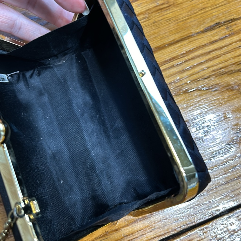 Black vintage satin basket weave evening bag with gold chain.  Good condition. - Picture 6 of 9